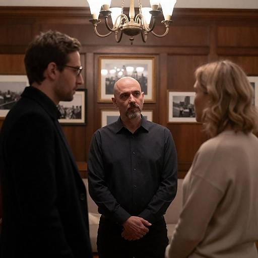 Dimly Lit Trio in Wood-paneled Room