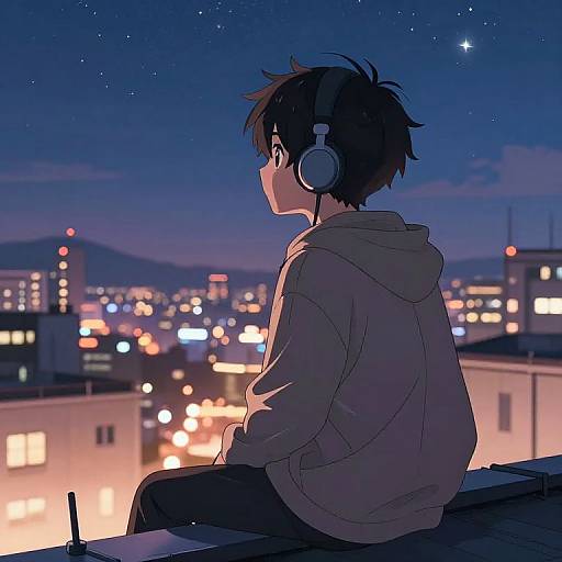 Anime-style digital drawing of a boy with short black hair, wearing headphones and a brown hoodie, sitting on a rooftop at night, gazing at a