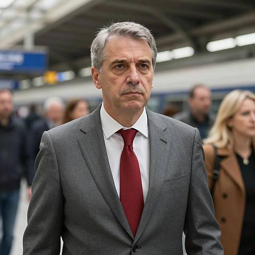 Serious middle-aged businessman at train station