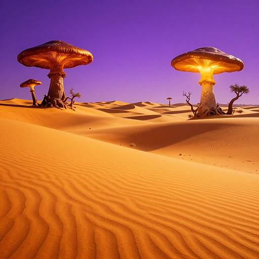 Photograph of surreal desert landscape with glowing, mushroom-like trees under a vibrant purple sky, set against undulating, golden sand dunes.