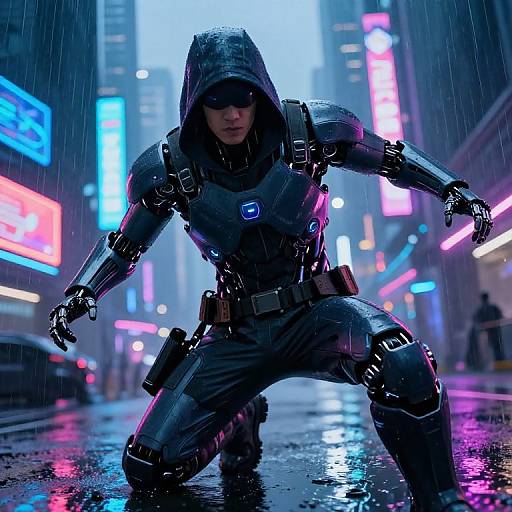 CGI image of a hooded, armored figure crouching in a neon-lit, rainy urban street, glowing lights reflecting off wet pavement.