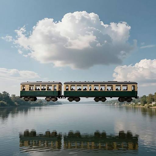 Surreal Inverted Train Over Mirrored River
