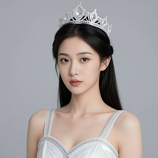Photograph of an East Asian woman with long black hair, wearing a silver tiara and a white, beaded, strapless dress.