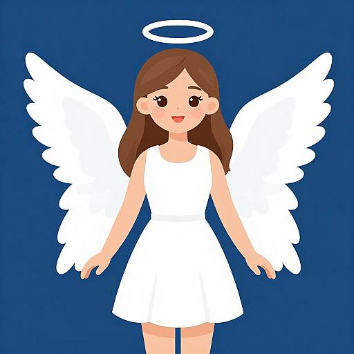 Digital illustration of a cute, brown-haired angel with white wings, halo, and dress, standing against a solid blue background.