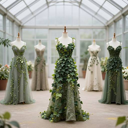 Photograph of five elegant, floor-length, strapless gowns in various shades of green and white, adorned with lush ivy and small pearls,