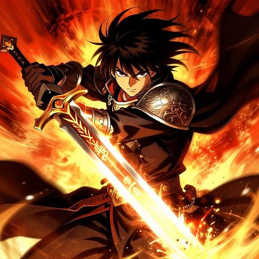 Dynamic anime-style illustration of a fierce, black-haired warrior with intense blue eyes, wielding a glowing sword amidst roaring flames. He wears ornate armor and