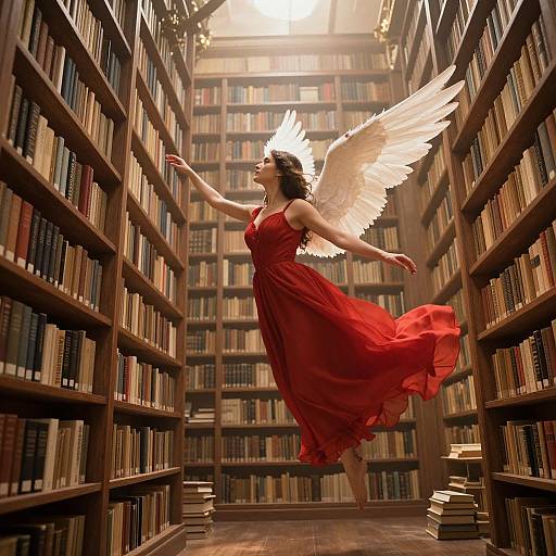 Photograph-style digital art of a winged woman in a flowing red dress, leaping between towering wooden bookshelves in a sunlit library.
