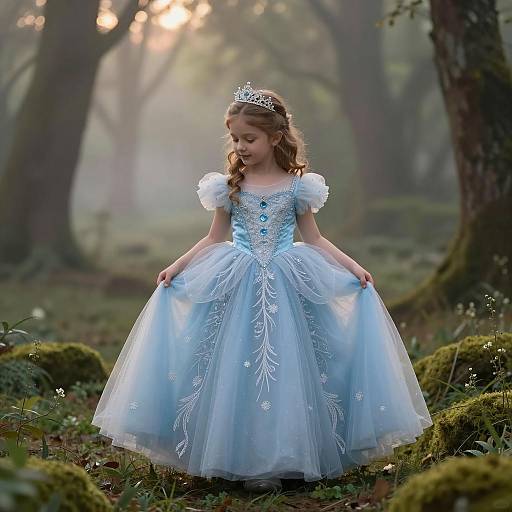 Young Girl in Ice Blue Princess Gown in Forest