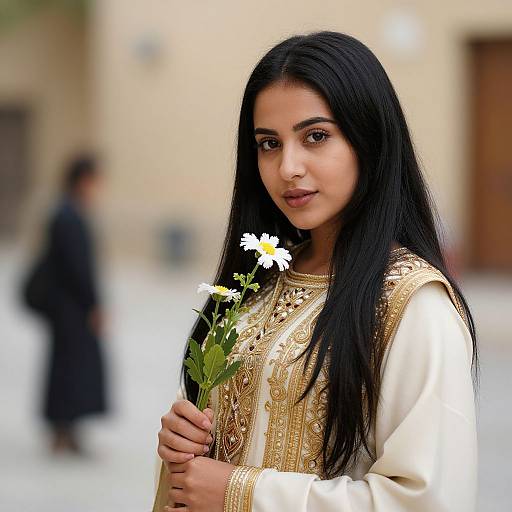 Photograph of a young South Asian woman with long black hair, wearing a gold-embroidered white traditional outfit, holding daisies, with