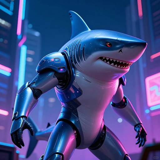 CGI image of a cybernetic shark-humanoid with metallic blue armor, sharp teeth, and neon cityscape background. The shark's red eye
