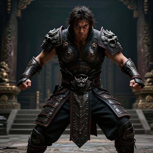 Photograph of a fierce, muscular man with dark hair, wearing intricate black medieval armor, standing in a dimly lit, ornate throne room,