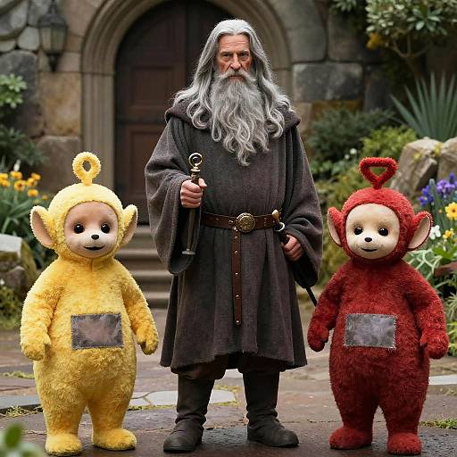 Photograph of an older man with a long gray beard in a dark medieval robe standing between two plush Gromit-like characters in yellow and red,