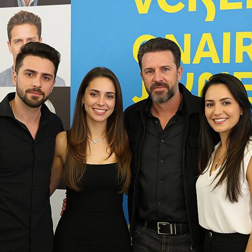 Photograph of four smiling people: two men with black shirts, one woman in black dress, one woman in white blouse, against a blue 