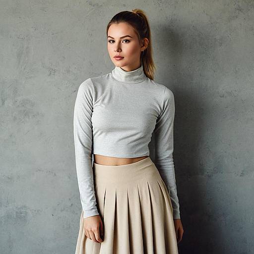 Young Woman in Grey Top and Beige Skirt