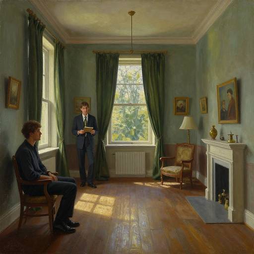 Photograph of two men in formal attire, one seated, one standing, in a sunlit, green-walled, wooden-floored room with