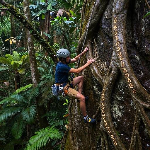 Photograph of a male rock climber in a tropical jungle, wearing a helmet and shorts, scaling a large, textured tree trunk with carved text.