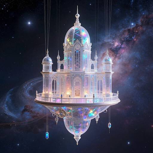 Digital artwork of a glowing, crystal-like, dome-shaped cathedral floating in space, reflecting on a cosmic, star-filled background.