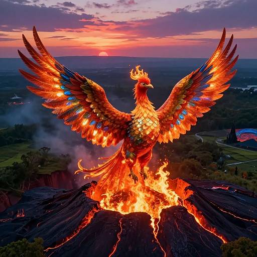 Digital artwork of a fiery phoenix with glowing orange and red feathers, wings spread, standing on a volcanic peak at sunset.