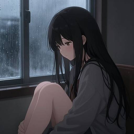 Melancholic Anime Girl by Rainy Window