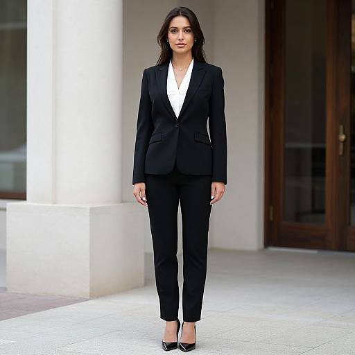 Photograph of a serious, dark-haired woman in a black blazer and pants, white shirt, black heels, standing in front of a modern building