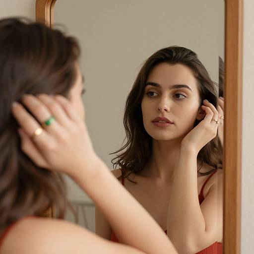 Photograph of a young woman with fair skin, brown wavy hair, and brown eyes, wearing a red tank top, standing in front of a