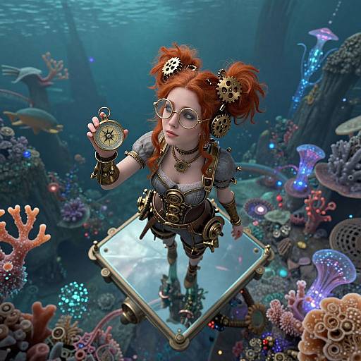 Steampunk mermaid with red pigtails, goggles, and gears, holding a compass, floating on a glass platform over a vibrant underwater coral