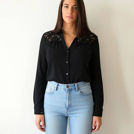 Photograph of a young woman with long brown hair, wearing a black blouse with lace details, high-waisted light blue jeans, and a delicate