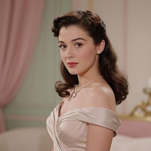 Photograph of a beautiful, fair-skinned woman with dark wavy hair, wearing an off-shoulder, satin dress and pearl necklace, standing