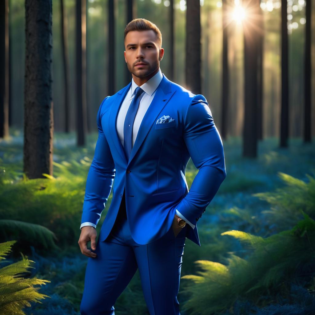 Muscular Man in Sunset Forest Scene