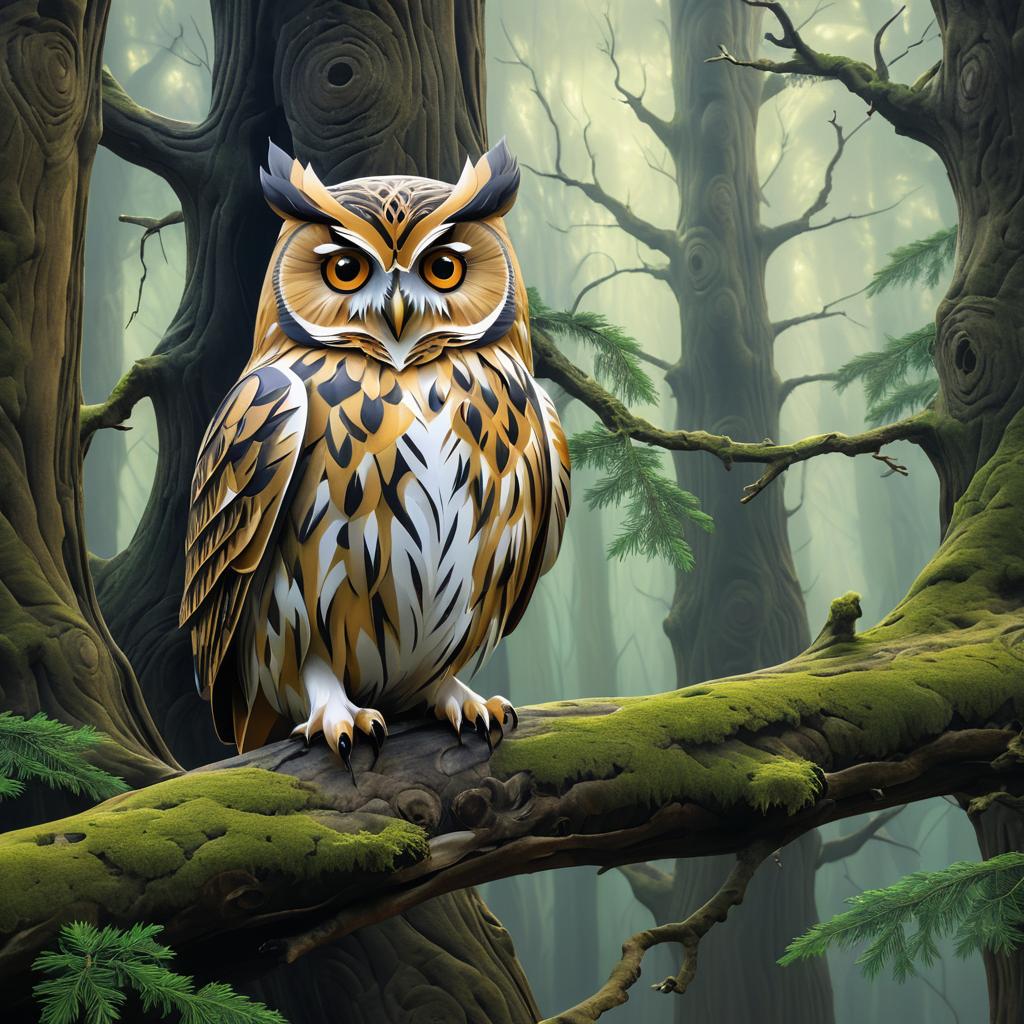 Wise Owl in Ancient Forest Artwork