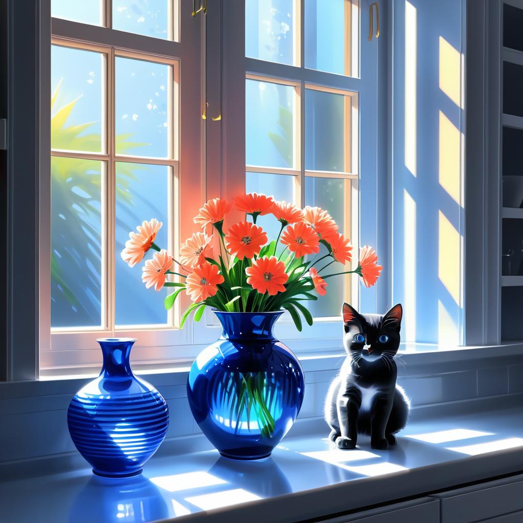 Realistic Kitchen Scene with Kitten and Vase