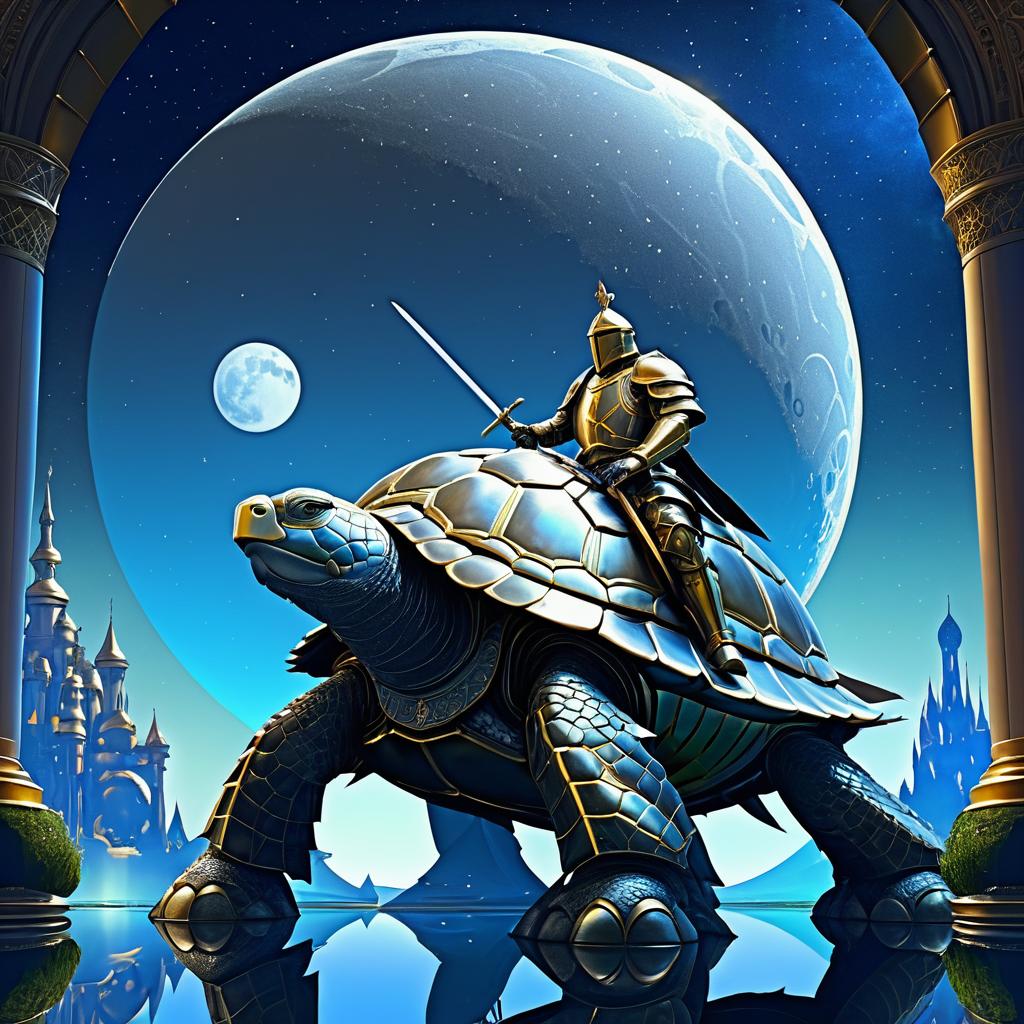 Knight on Giant Turtle Under Moonlight