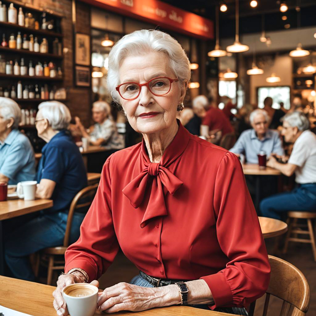 Chic Elderly Woman in Urban Coffee Shop