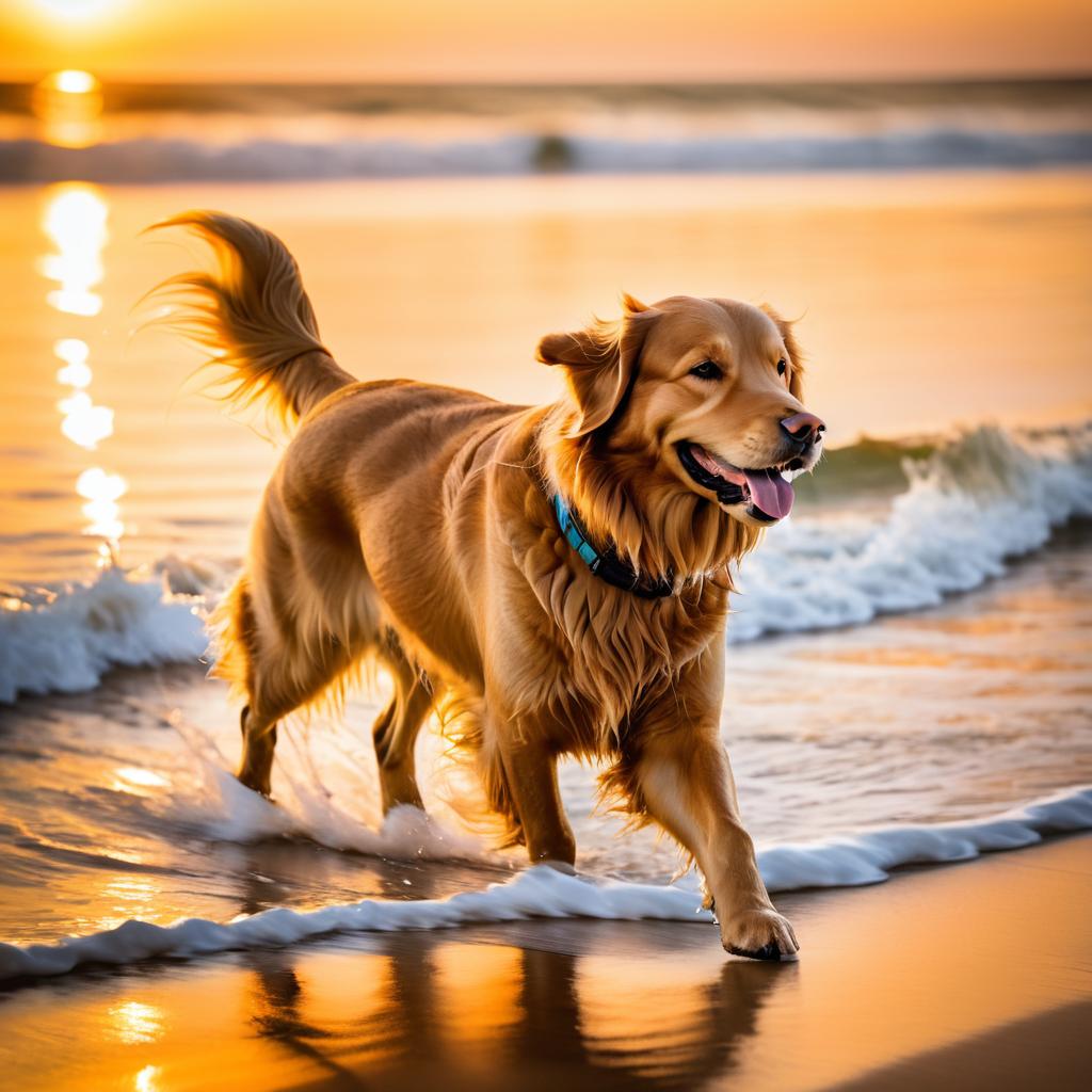 Golden Retriever at Sunset on Beach