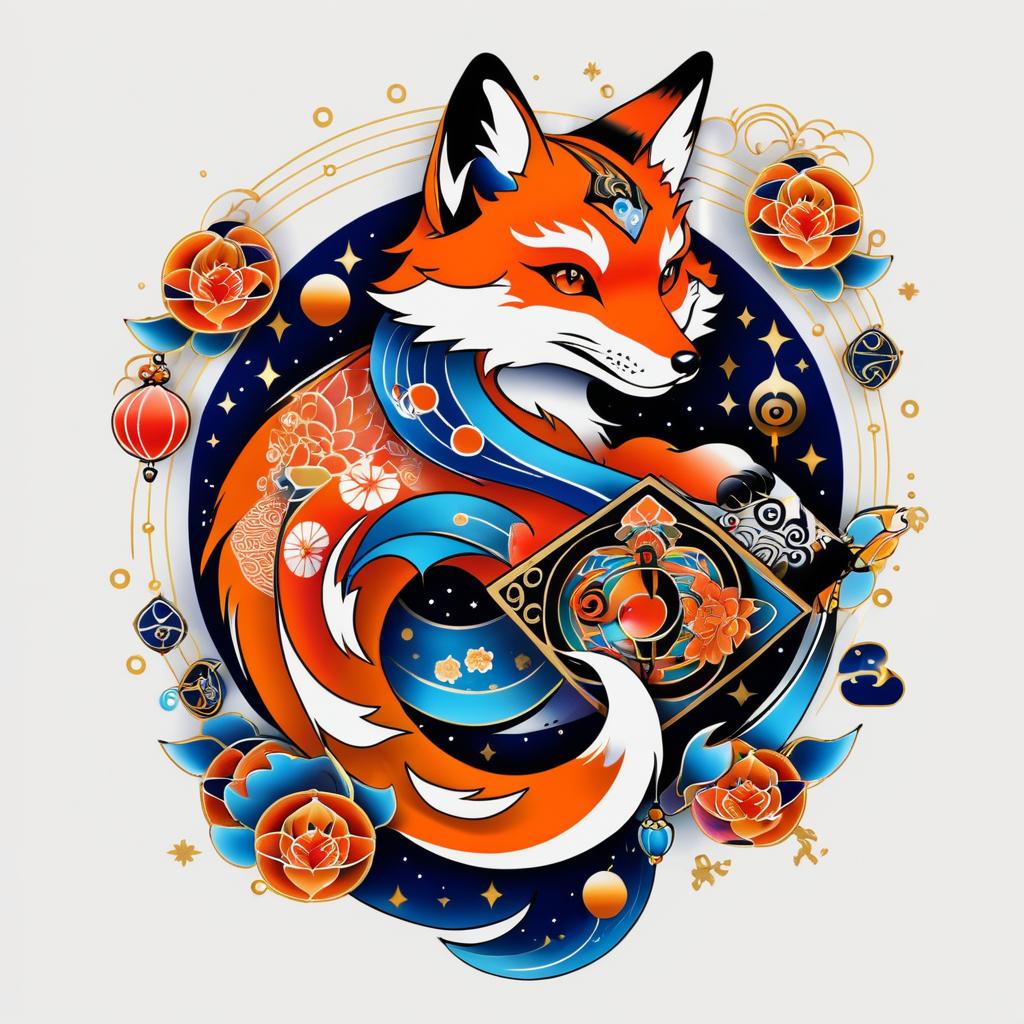 Playful Fox Spaceship Irezumi Tattoo Design