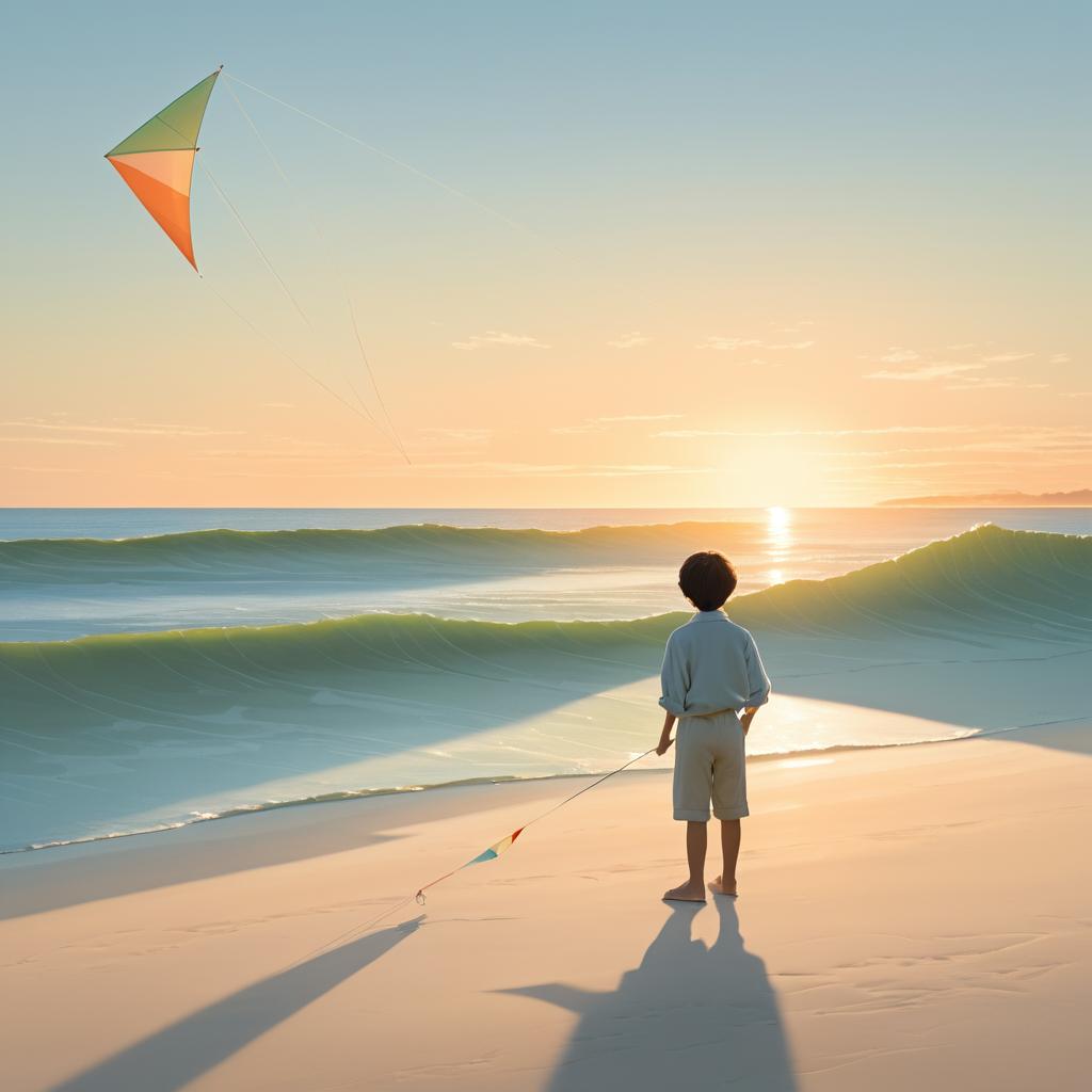 Serene Sunset: Boy with Kite by Beach