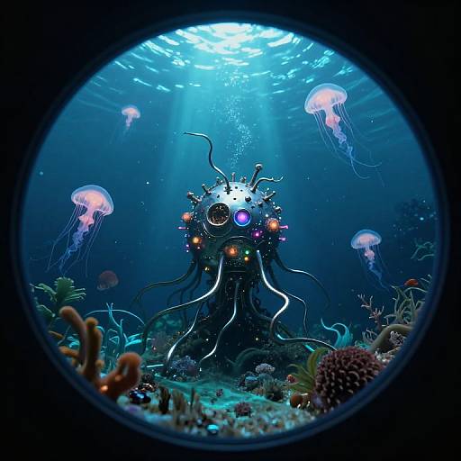 Surreal Underwater Metal Creature with Jellyfish