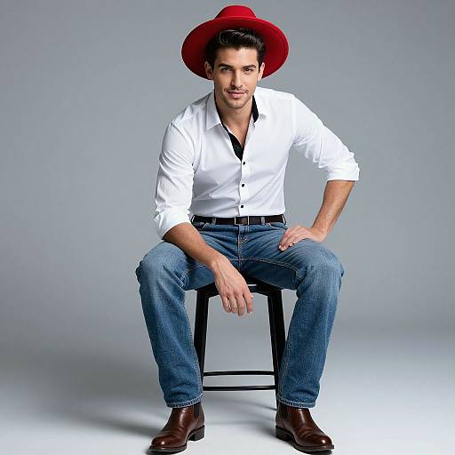 Photograph of a handsome man with short dark hair, wearing a red cowboy hat, white button-down shirt, blue jeans, and brown boots, sitting