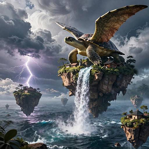 Surreal Floating Islands with Giant Turtle