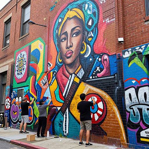 Photograph of vibrant street mural depicting an African-American woman with colorful hair, large eyes, and bold clothing, surrounded by graffiti artists. Urban brick wall