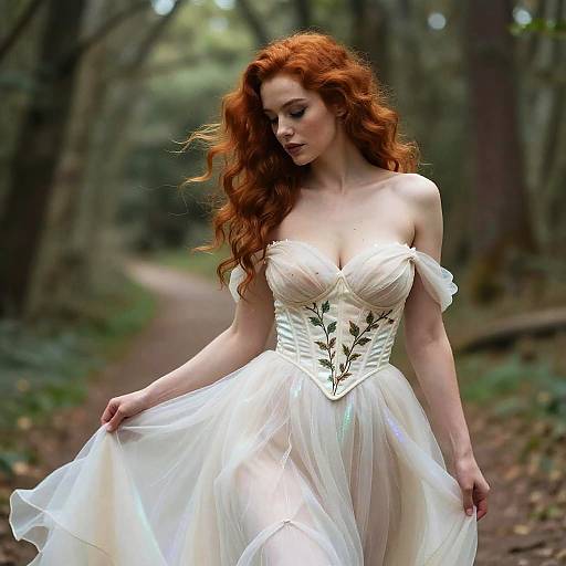 Photograph of a fair-skinned, red-haired woman in a white off-shoulder, corseted ball gown with green floral embroidery, standing