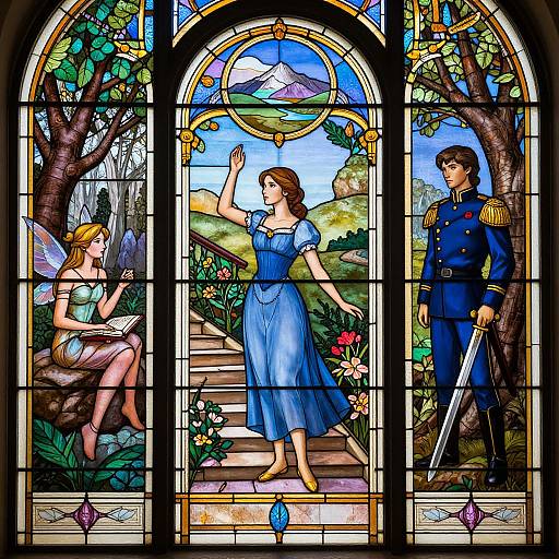 Stained glass window depicting a blue-dressed woman waving, fairy girl reading, and a blue-uniformed soldier with sword, amidst nature.