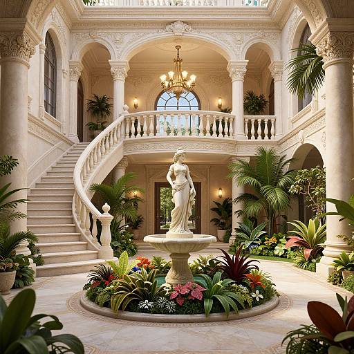 Photograph of a grand, sunlit, neoclassical foyer with a central fountain, ornate columns, spiral staircase, lush tropical plants,