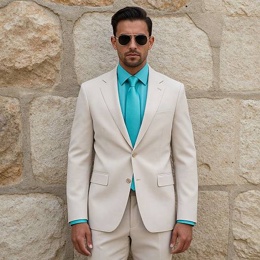 Photograph of a handsome man with short dark hair, beard, and sunglasses, wearing a white suit, bright turquoise shirt, and tie, standing against