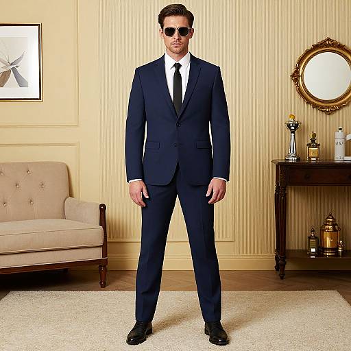 Photograph of a handsome man in a dark blue suit, white shirt, black tie, and sunglasses, standing in a sophisticated living room with beige walls