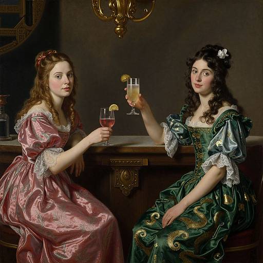 Photograph-style painting of two women in 18th-century dresses, one pink and one green, clinking glasses in a dimly lit room.