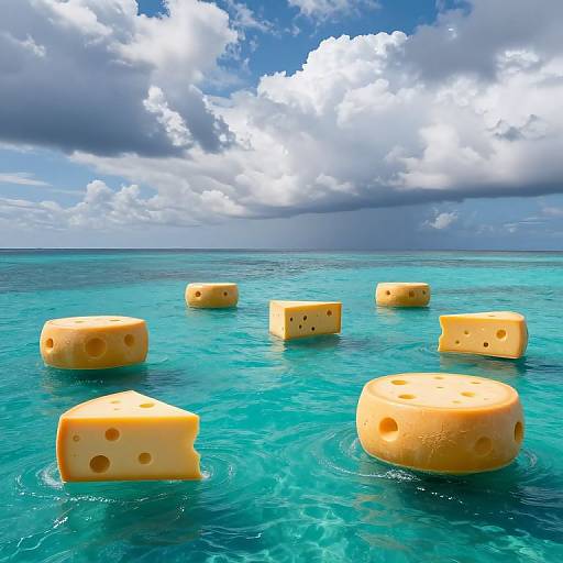 Photorealistic CGI: Large, floating Swiss cheese chunks in clear, turquoise ocean, under a vivid blue sky with dramatic white clouds.