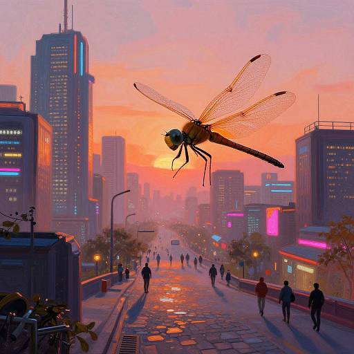 Digital artwork of a giant dragonfly flying over a neon-lit, futuristic city street at sunset, with people walking below.