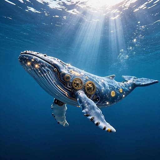 Mechanical Whale in Sunlit Underwater Cavern