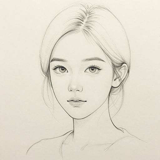 Black-and-white digital pencil drawing of a young Asian woman with delicate features, straight hair, and gentle expression, looking directly at the viewer.